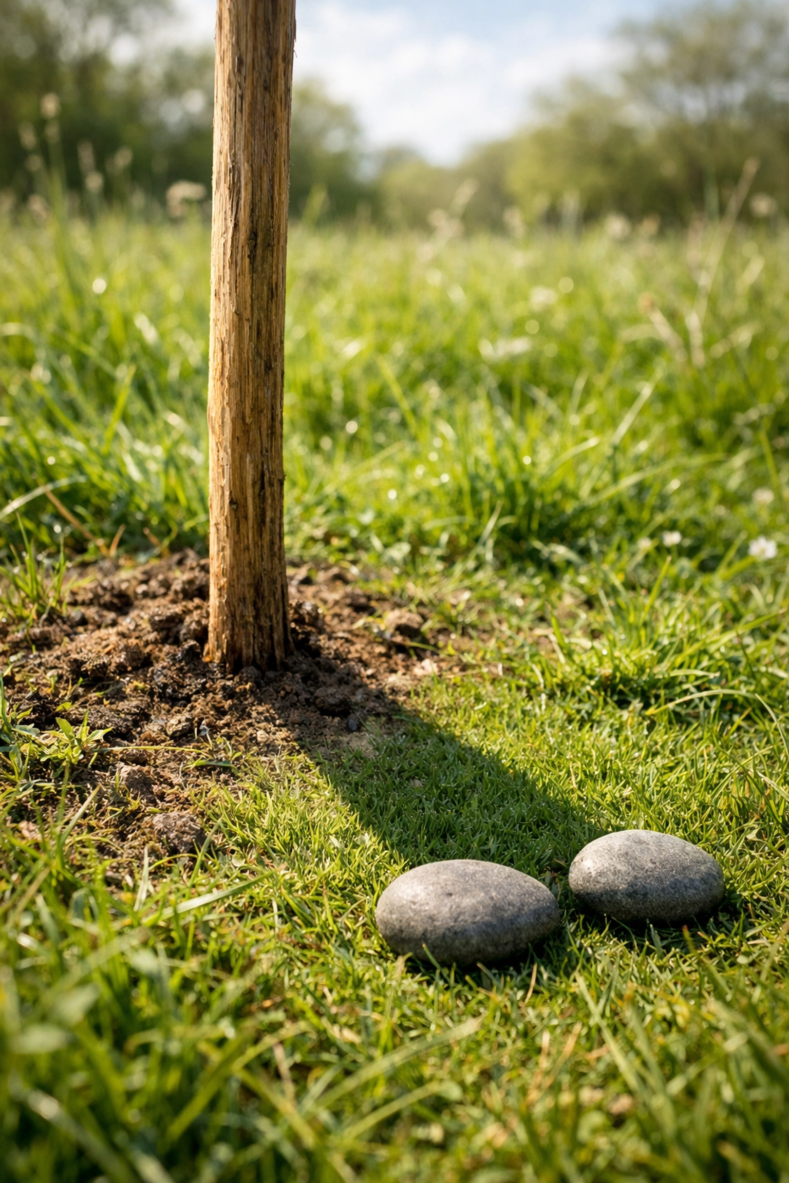 Shadow stick method used for wild camping guided UK navigation in a green meadow.