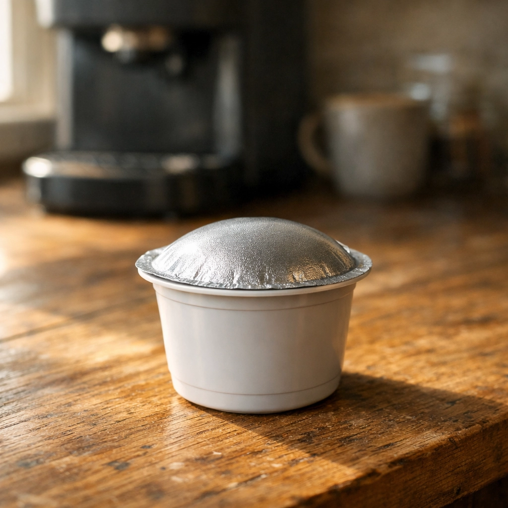 Swollen single-serve coffee pod with a bloated foil lid caused by high altitude pressure in a kitchen.