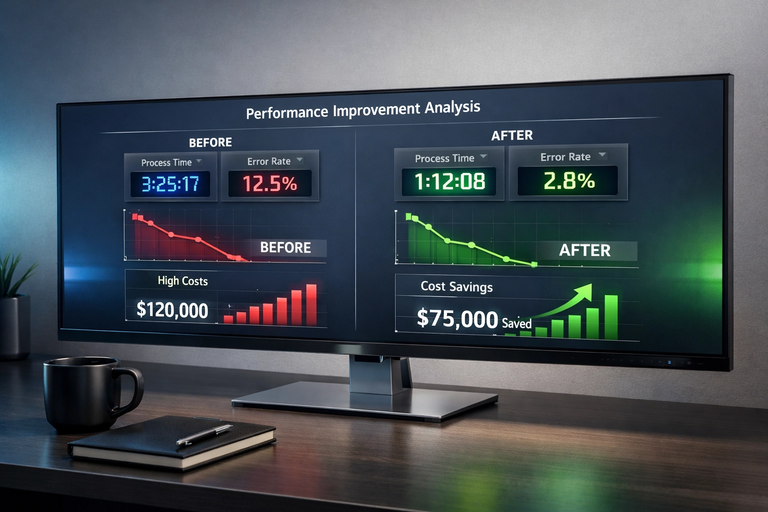 Financial dashboard displaying AI project ROI metrics with declining costs and improving efficiency graphs