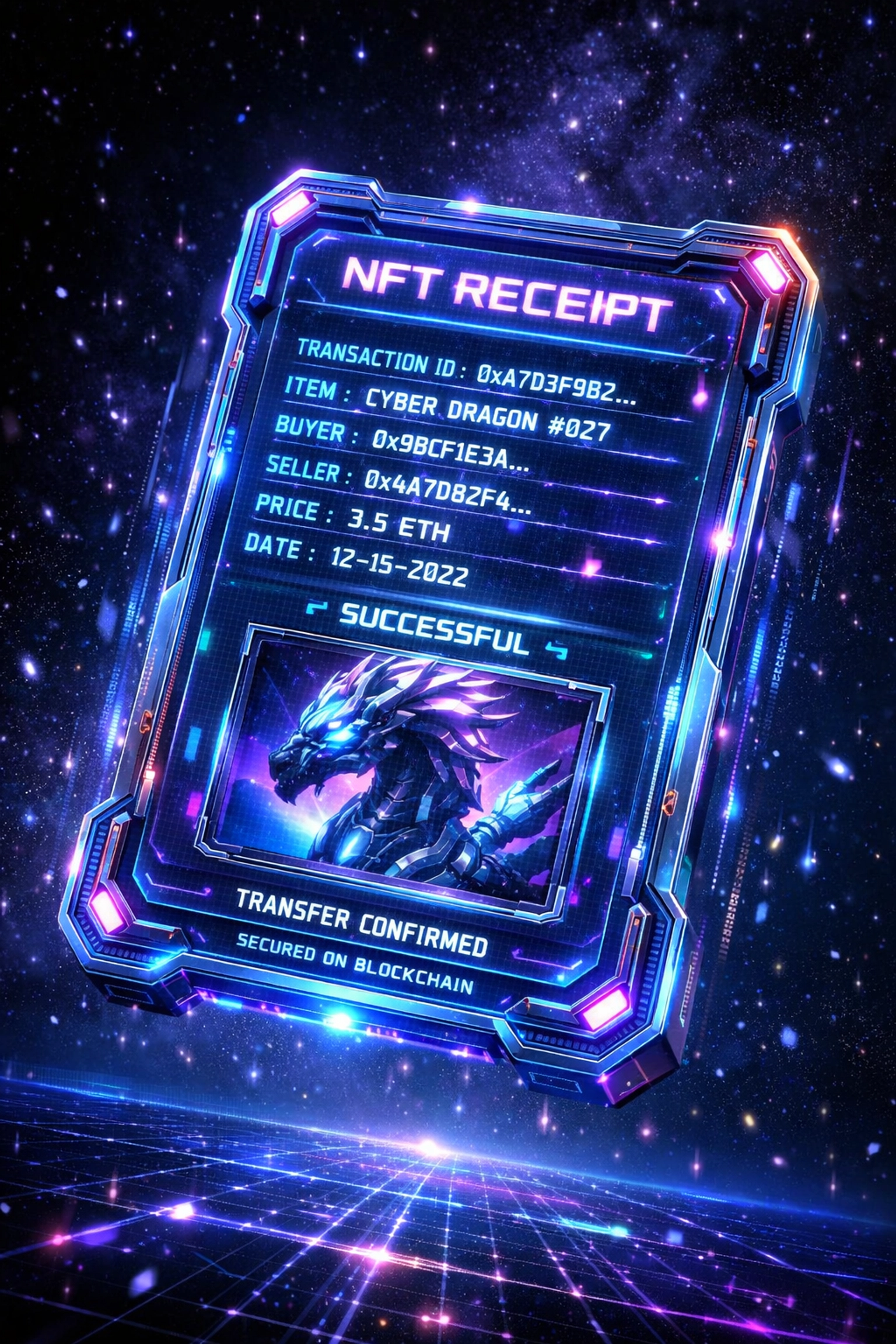 NFT receipt with blockchain transaction data for crypto payment verification