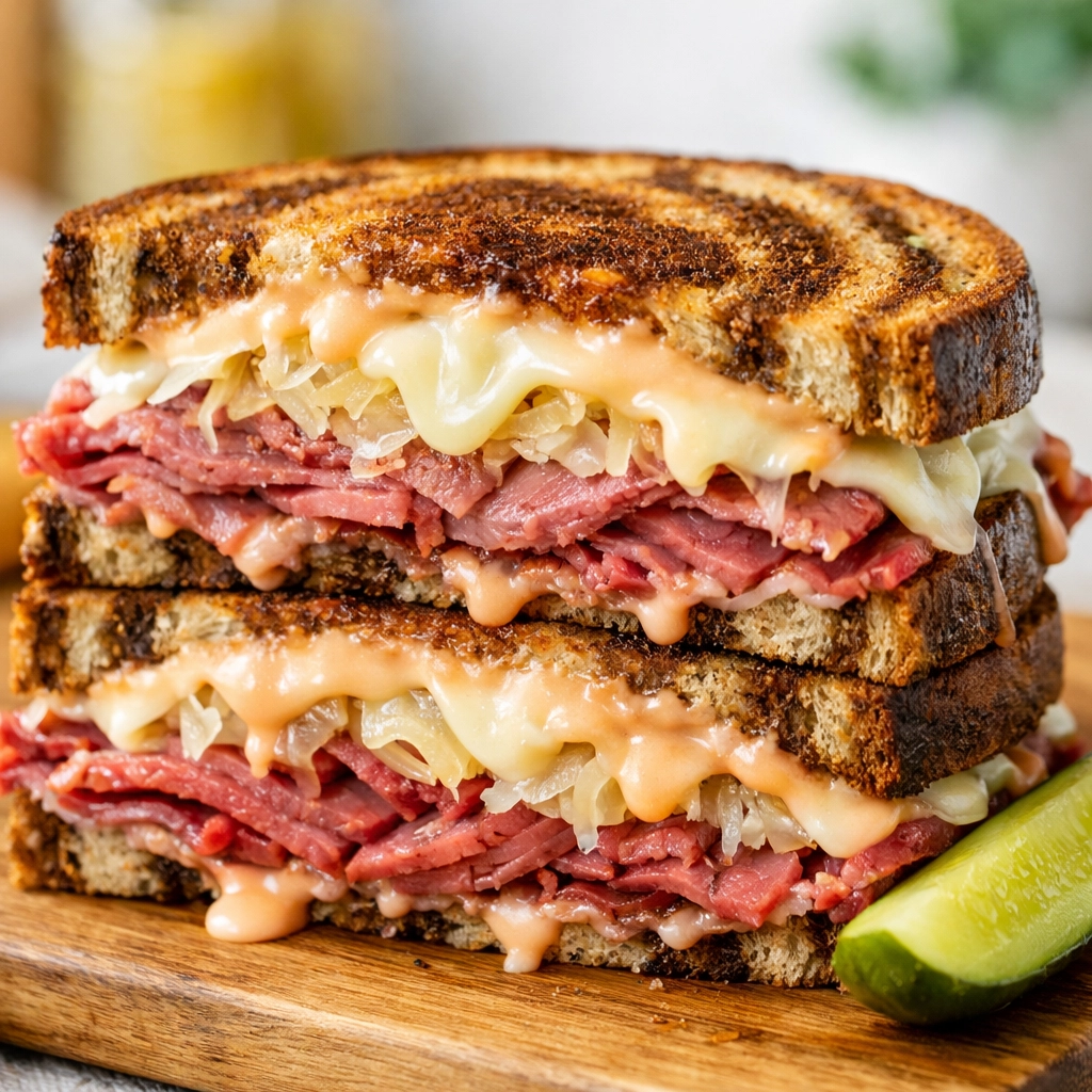 Toasted 5-ingredient Reuben sandwich with corned beef and melted cheese, a simple and tasty lunch or dinner.