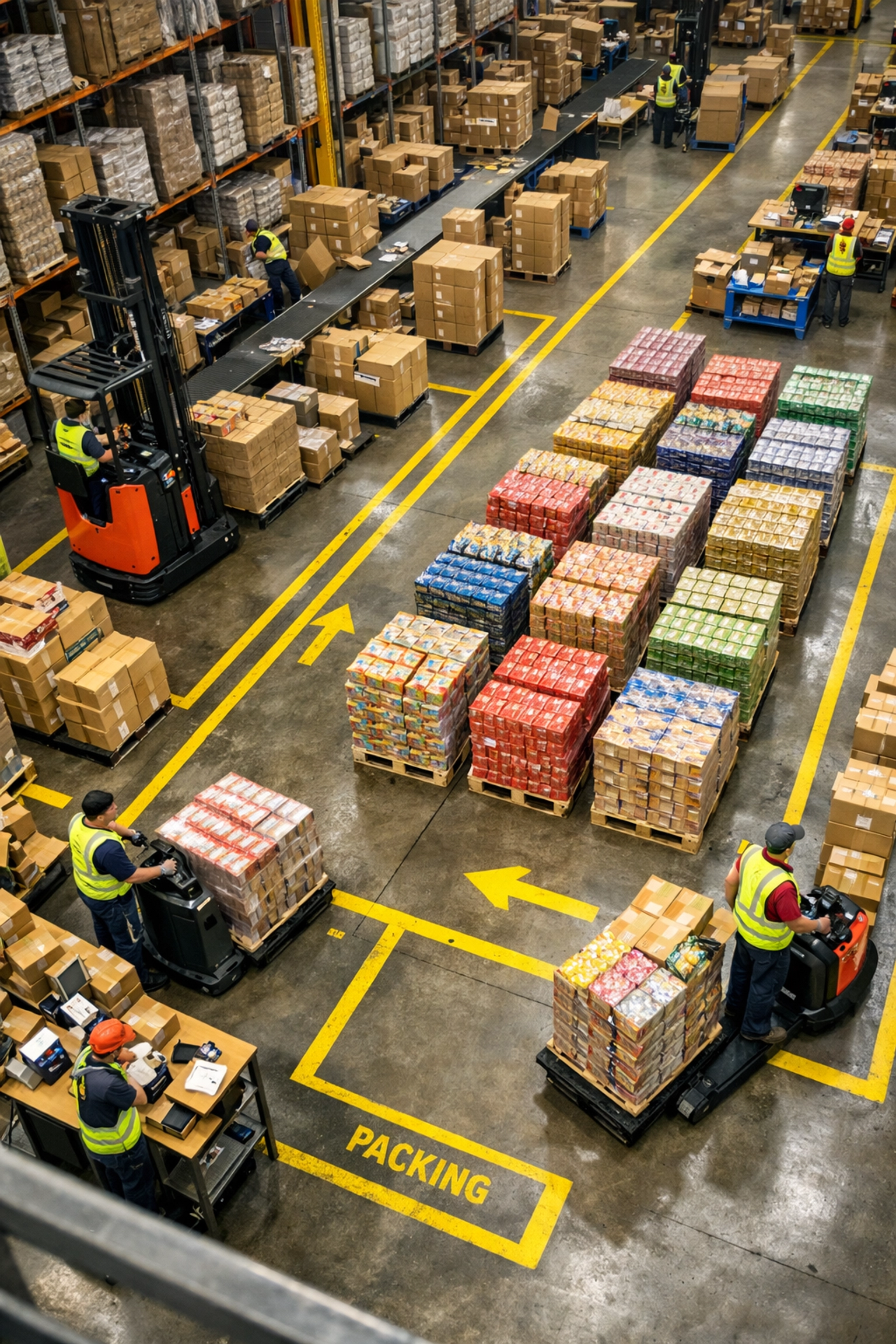Organized warehouse floor showing optimized SKU slotting and equipment for weekend fulfillment speed.