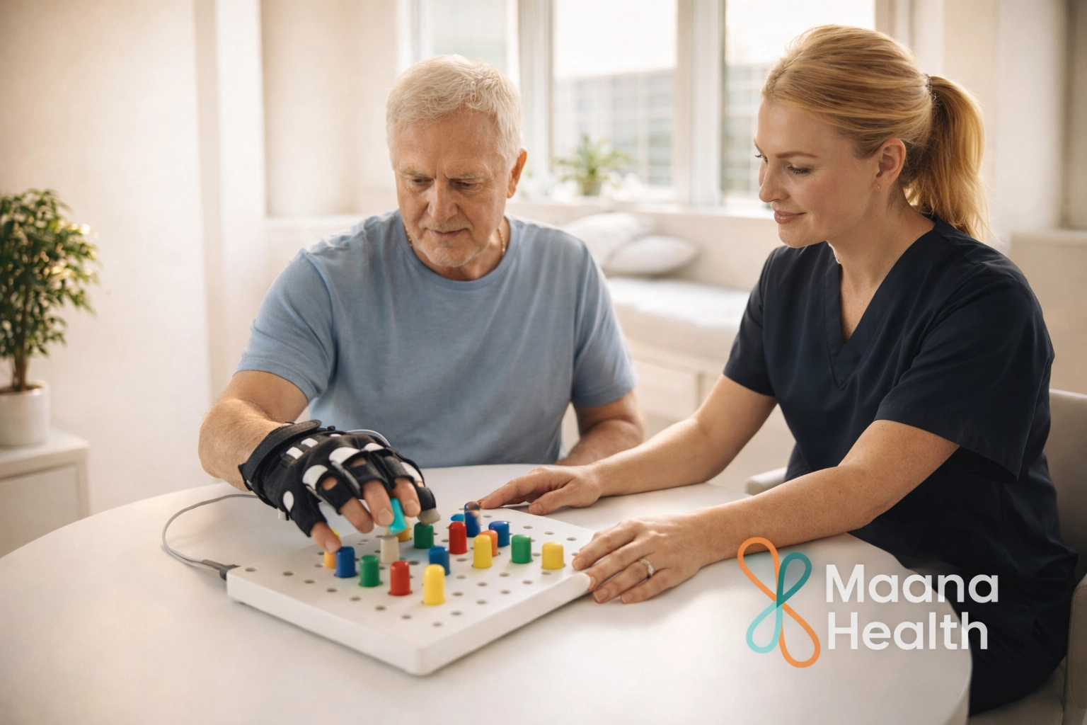 Patient doing hand and arm rehabilitation using smart technology with therapist guidance