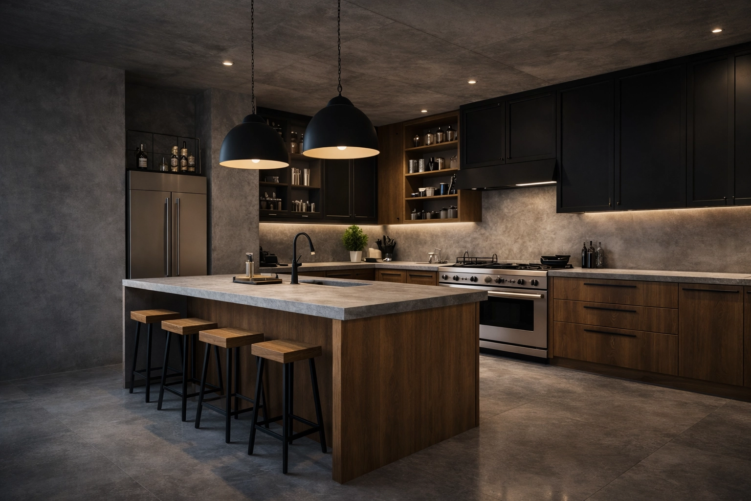 High-end photorealistic 8K kitchen render (industrial-modern): microcement/concrete textures, matte black metal details, warm wood cabinetry, crisp reflections and shadows, technically precise geometry, no people, no text, no logos.