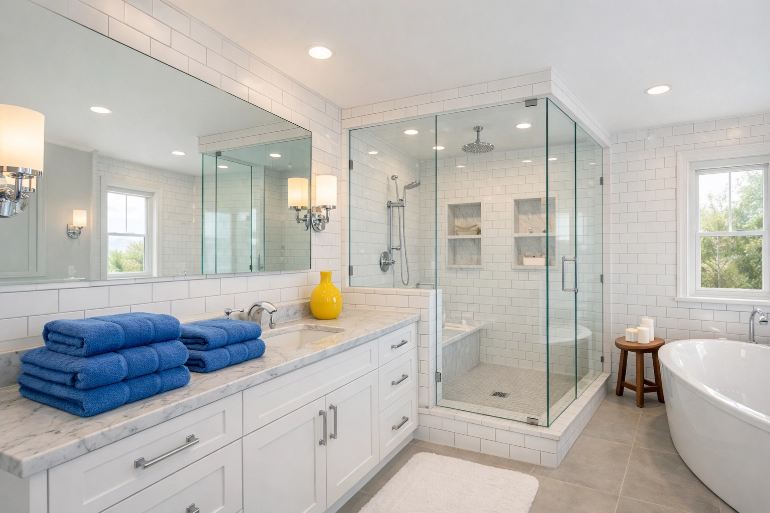 Immaculate master bathroom with clean tile grout after professional deep cleaning services in Natick, MA.