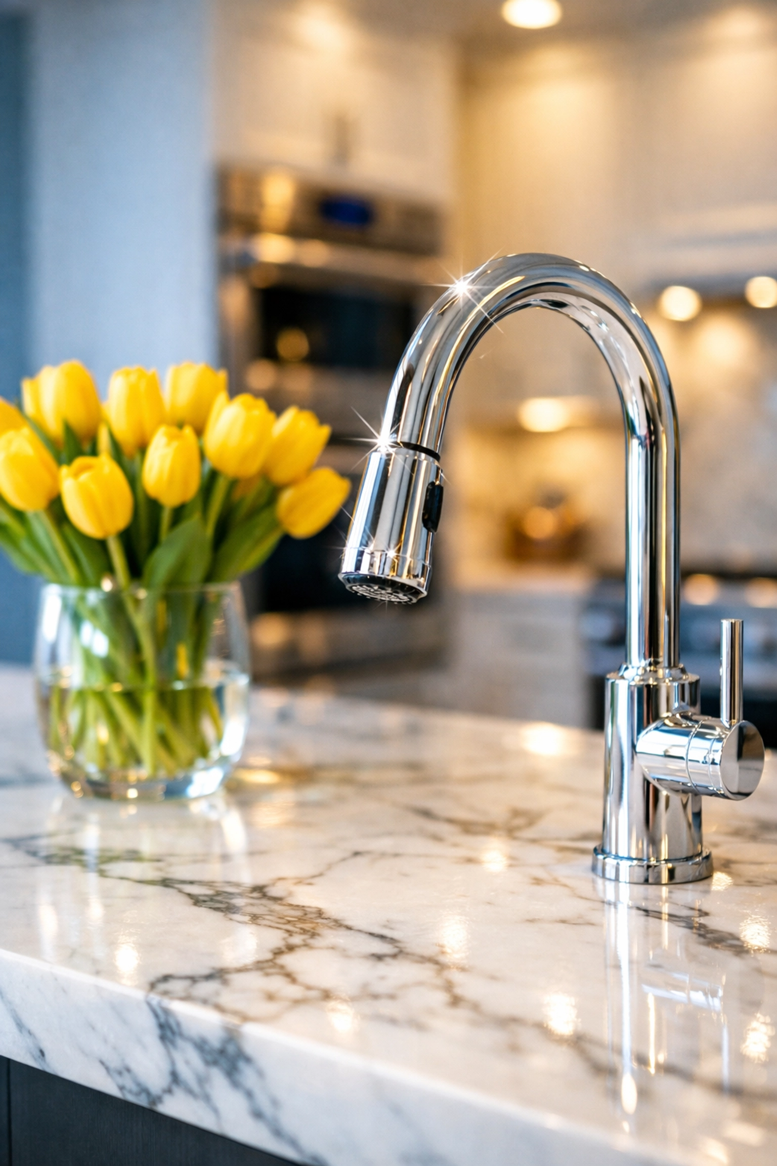 Spotless marble countertop and chrome faucet in a professionally cleaned Winchester waterfront home kitchen.