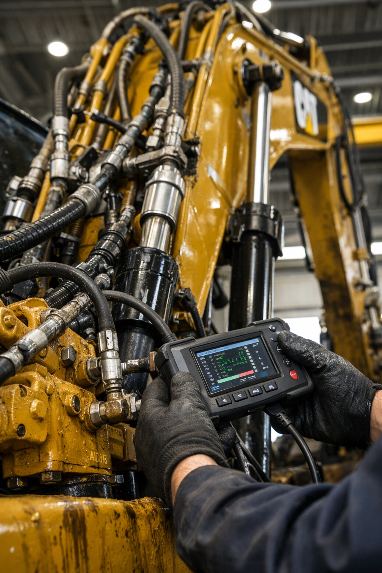 Heavy equipment technician diagnosing CAT excavator hydraulic system in service bay