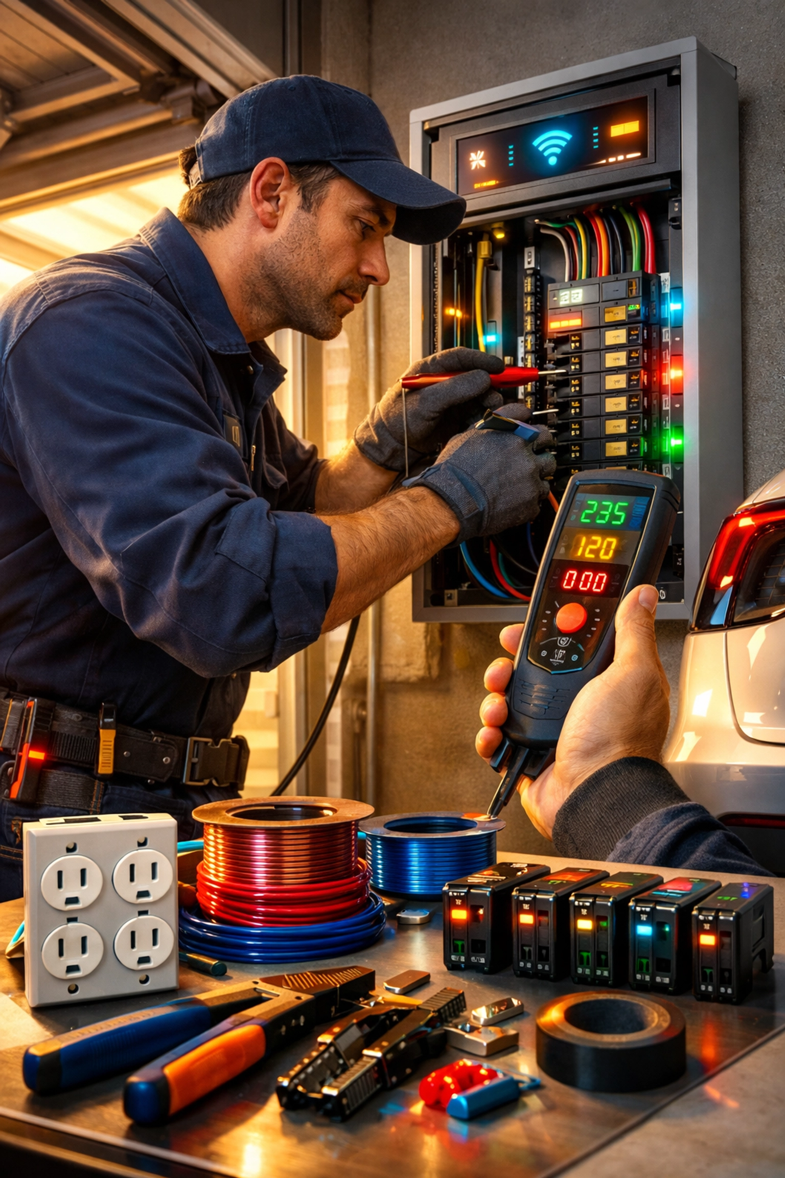 Licensed electrician professionally installing electrical panel in residential garage