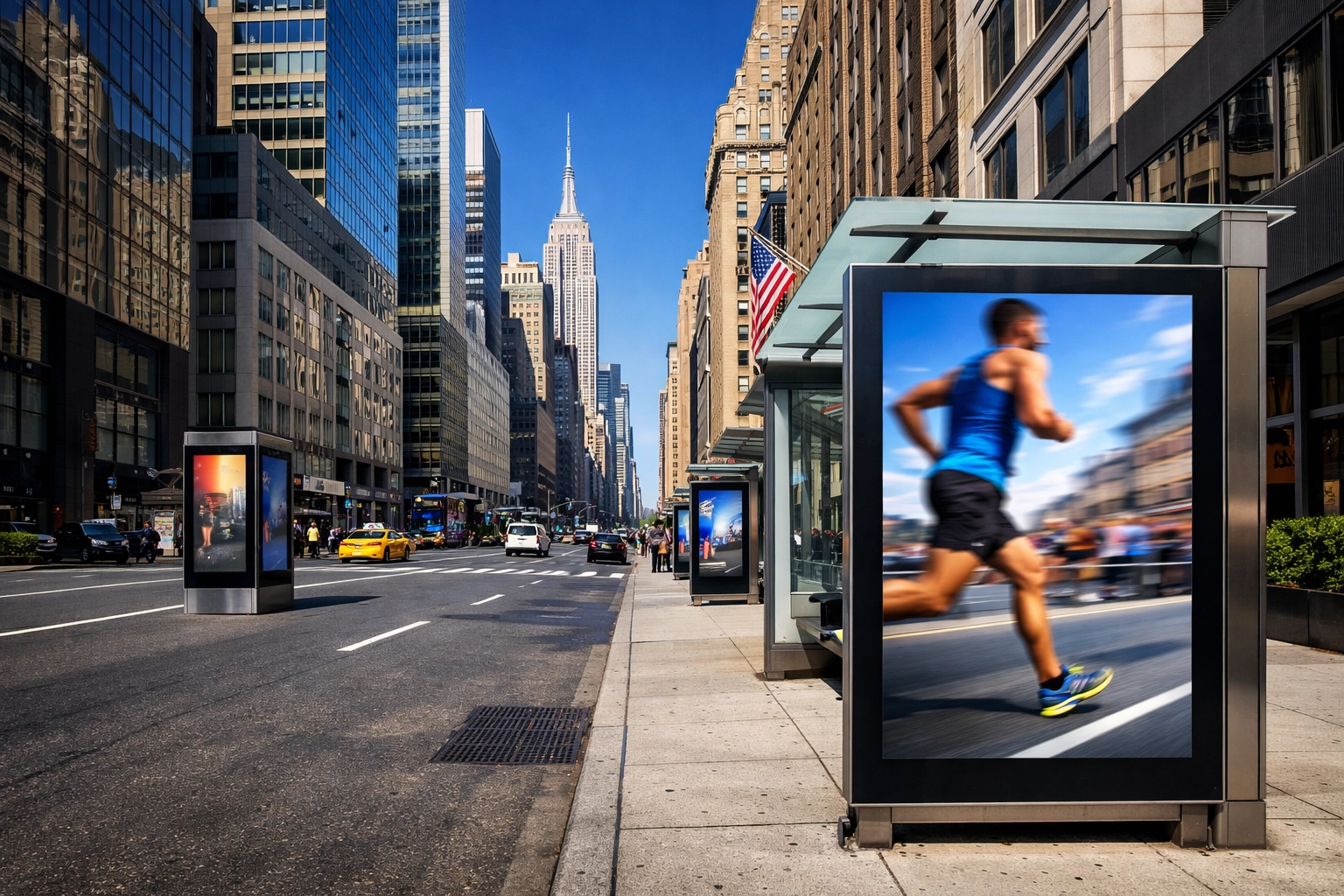 Urban digital out-of-home screens on city kiosks during a major sports marathon event in NYC.