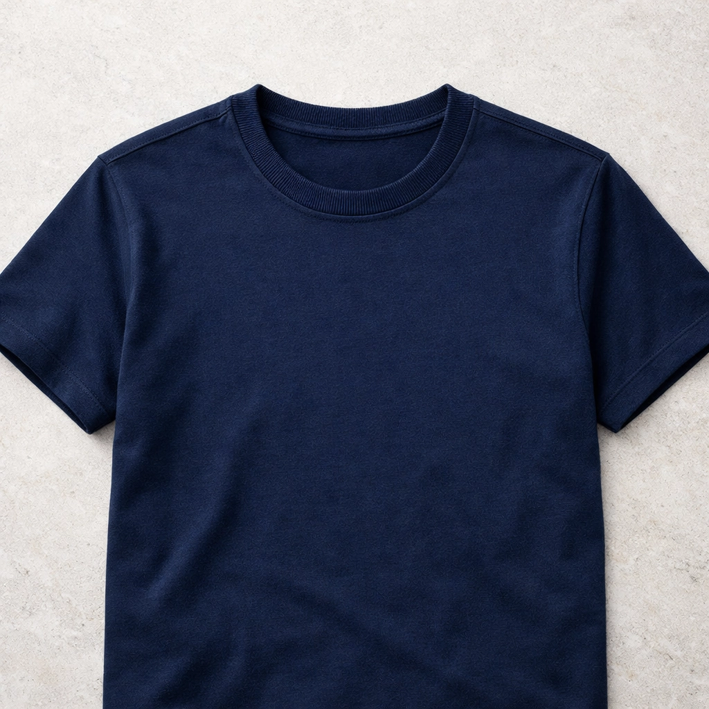 Professional navy blue custom crew neck t-shirt featuring structured set-in sleeves and a classic fit.