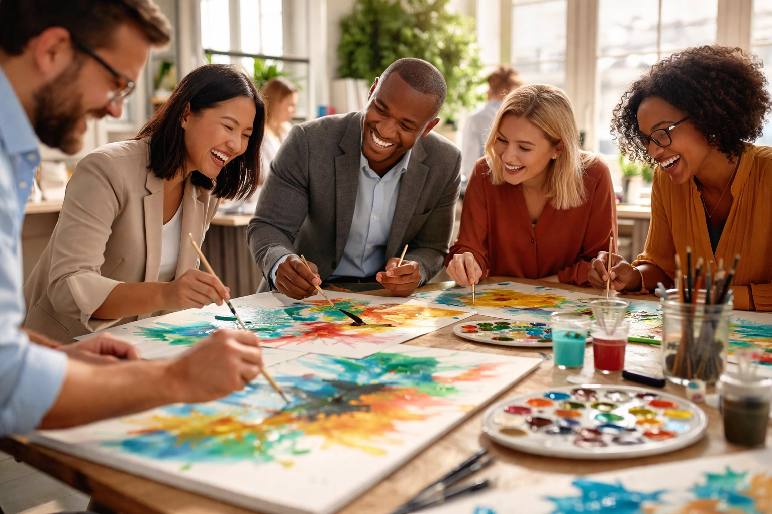 Corporate team laughing and collaborating during an abstract art workshop, showing creative wellness benefits