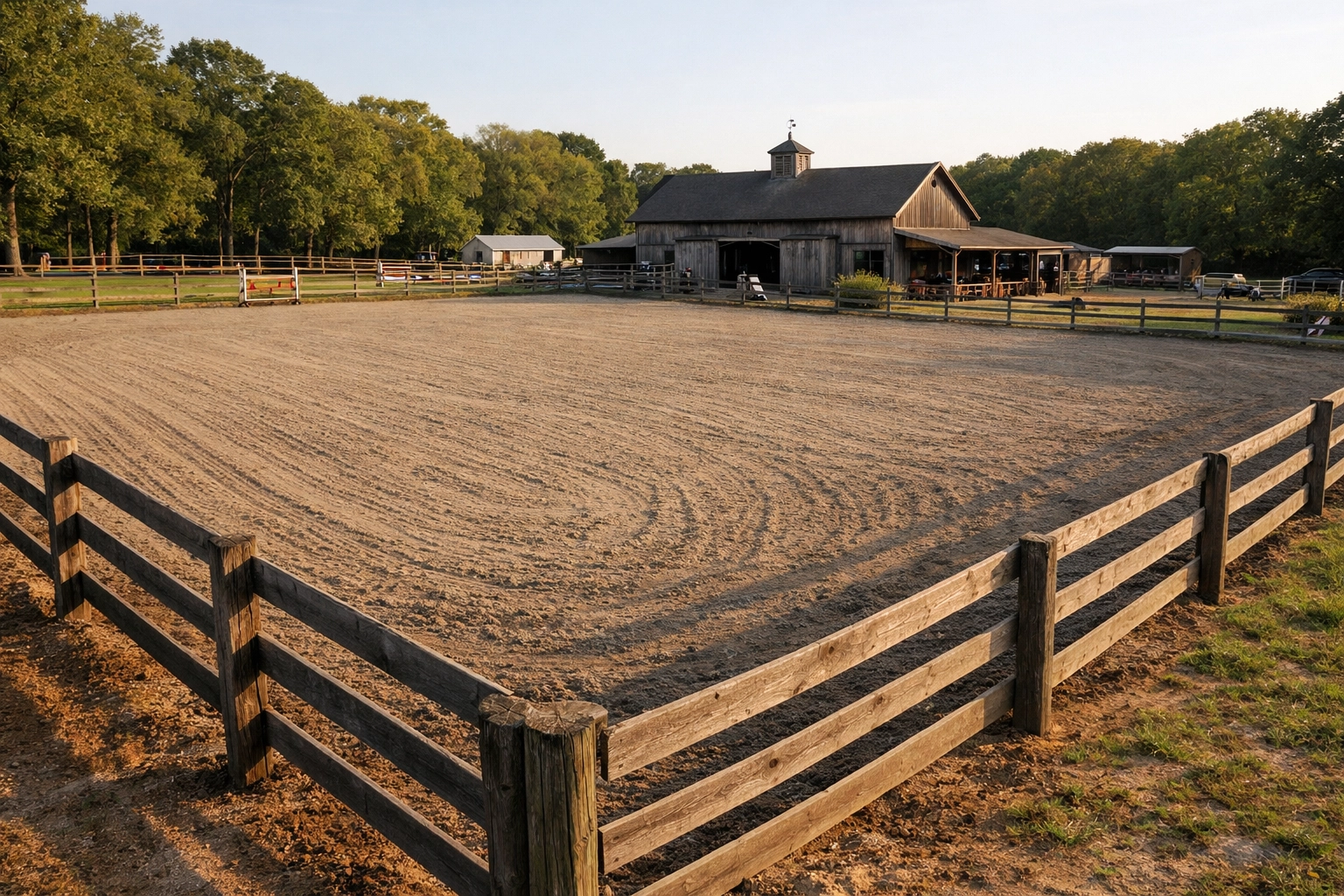 Functional equestrian riding arena at Davidson NC horse farm with barn and trees
