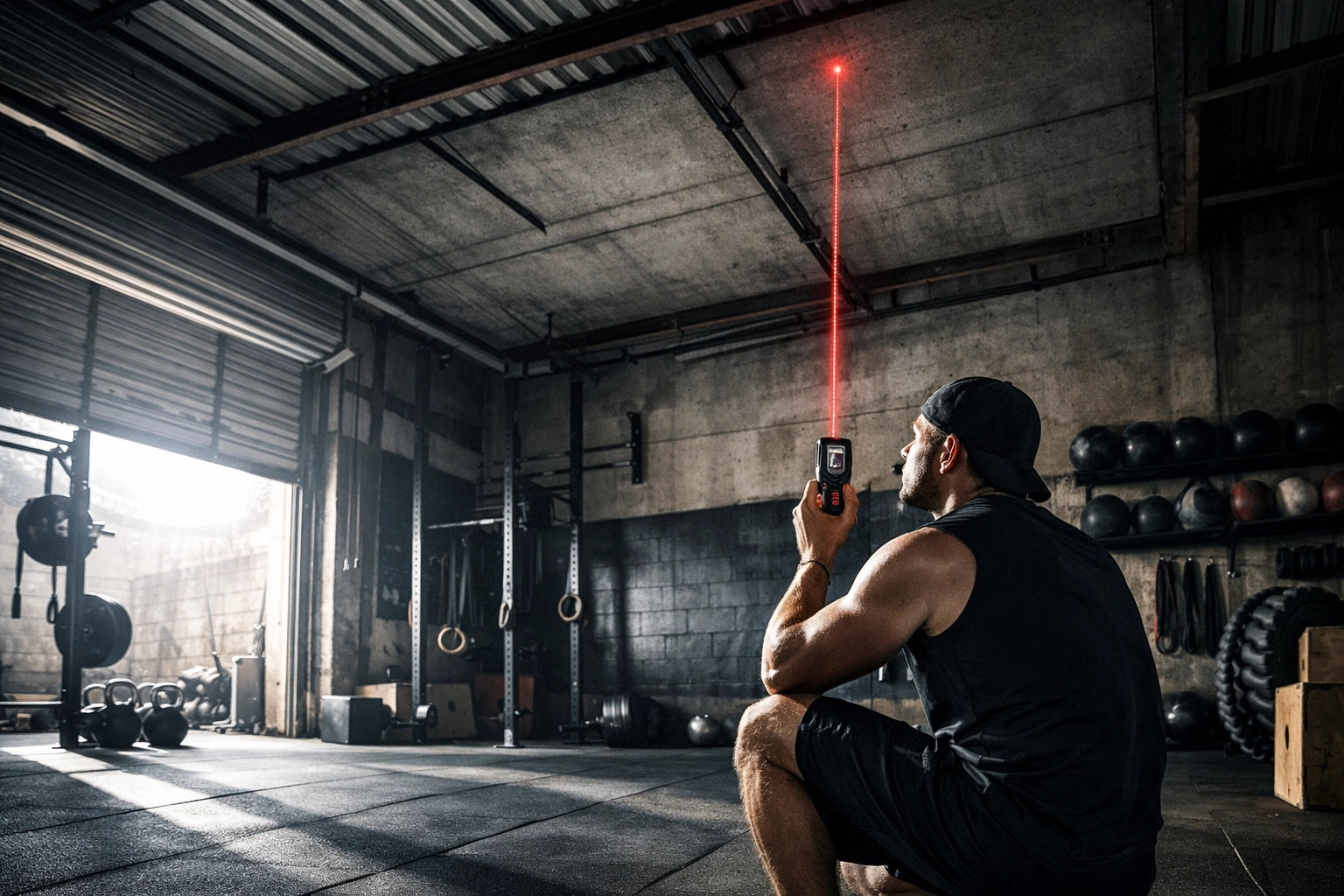 Athlete measuring ceiling height for a floor to ceiling gym installation in a home studio.