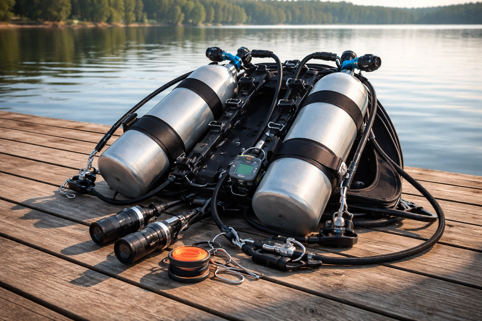 Sidemount- und TEC-Tauchausrüstung ordentlich auf einem Steg am Goitzschesee präsentiert, ideal für technische Tauchausbildung