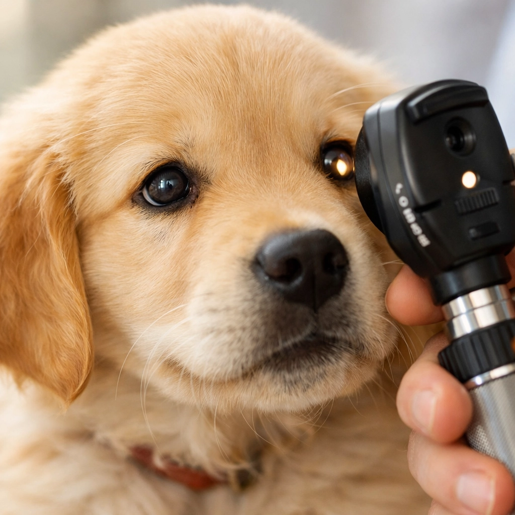 Golden Retriever puppy receiving eye examination for health clearance testing