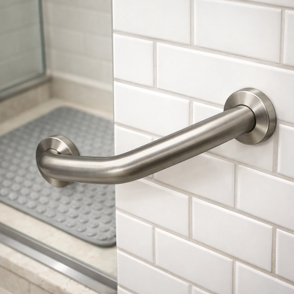 Safety grab bar and non-slip mat installed in a modern bathroom for senior fall prevention.