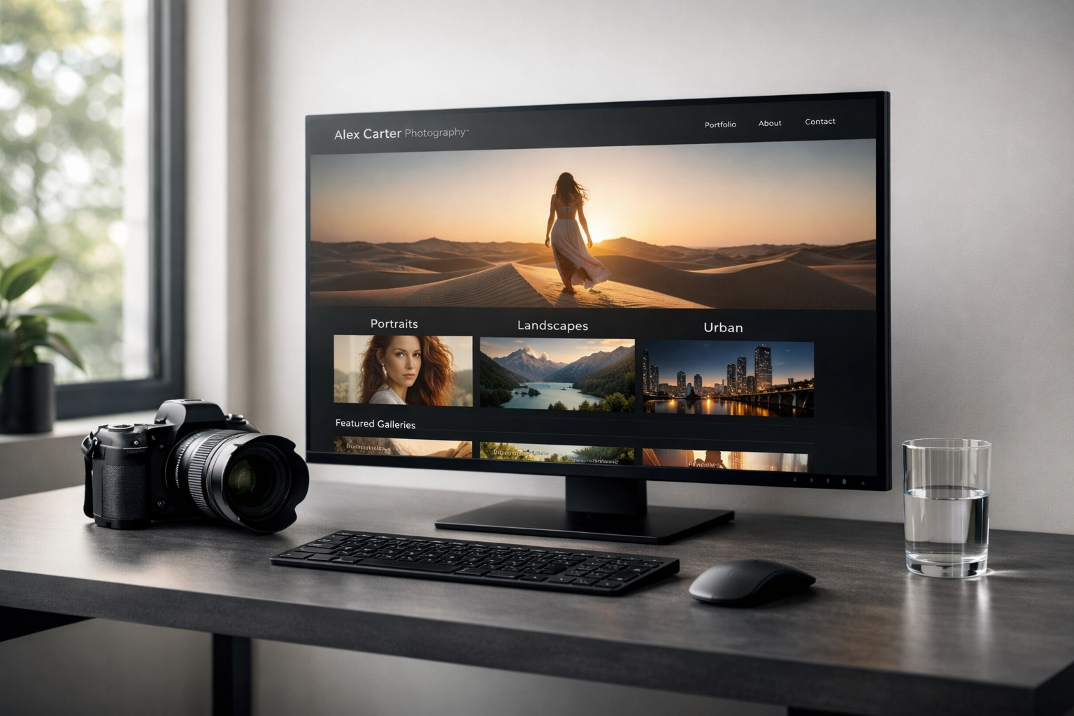 A fast-loading professional photography portfolio displayed on a high-end monitor in a clean studio.