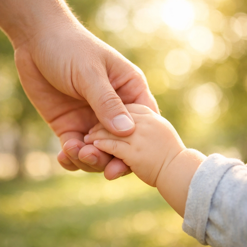 Close-up of an adult holding a toddler's hand, symbolizing family protection and Full Tort coverage in Pennsylvania.
