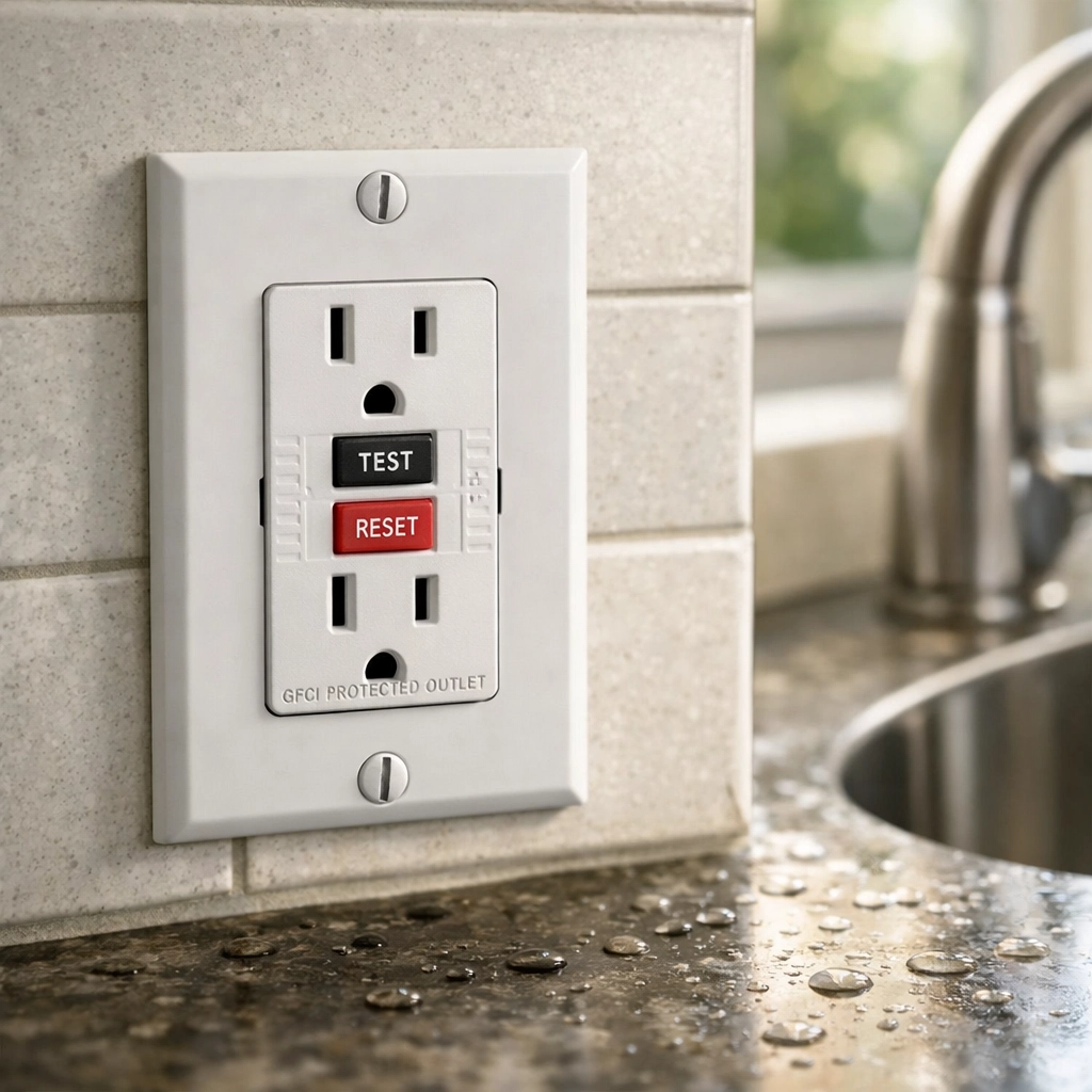 GFCI outlet installed near kitchen sink for electrical safety and code compliance