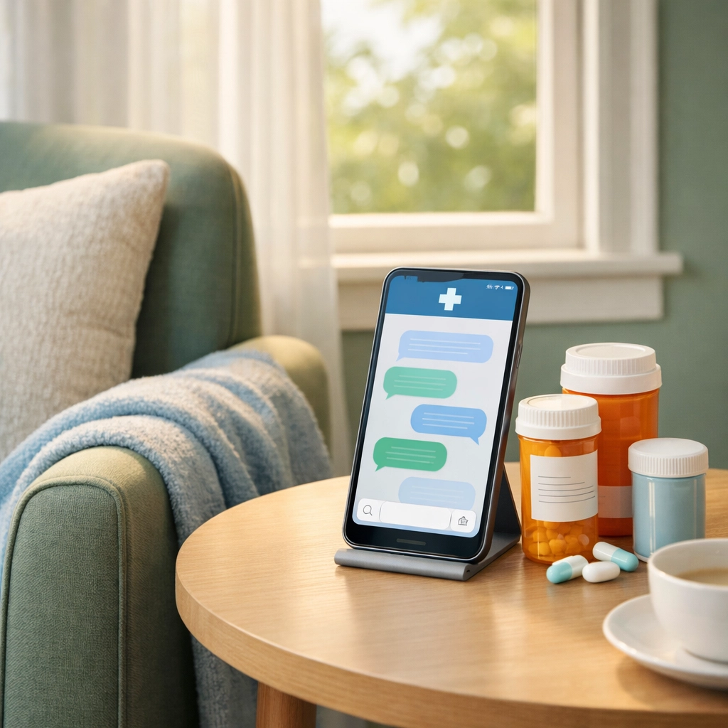 Managing chronic condition prescription refills from home with text-based telehealth