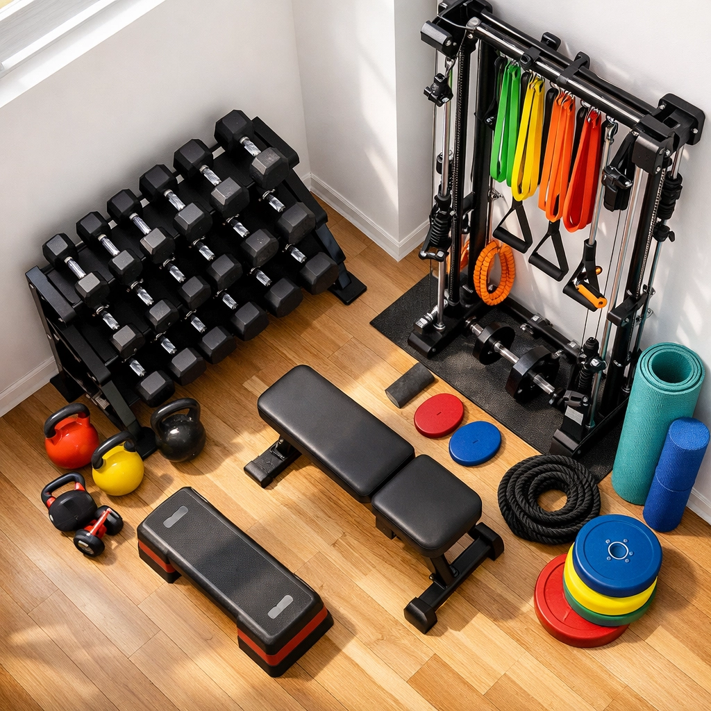 Complete home gym setup with dumbbells, resistance bands, and floor-to-ceiling training system
