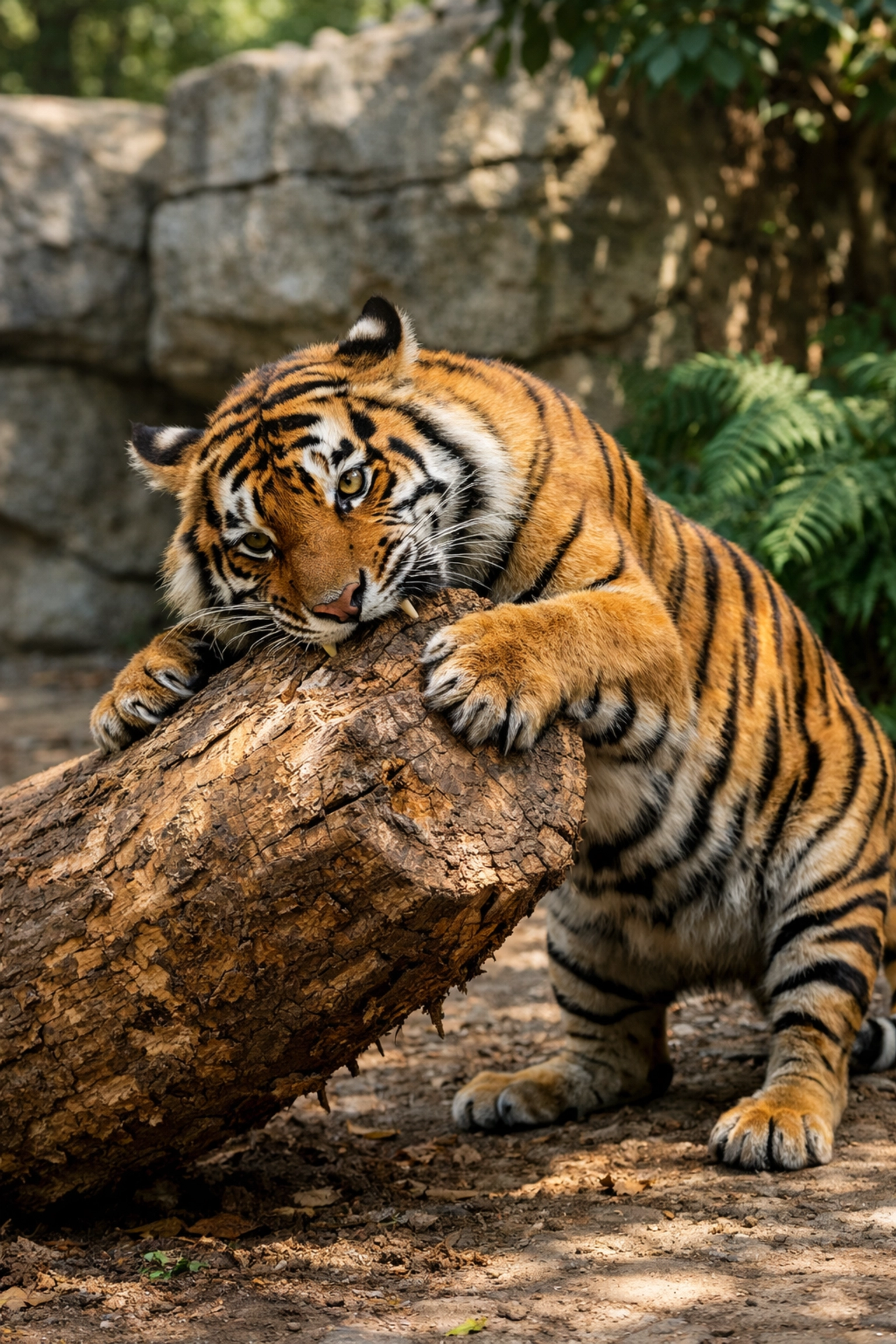 Sumatran tiger interacting with an enrichment log in a naturalistic zoo habitat, highlighting animal welfare.