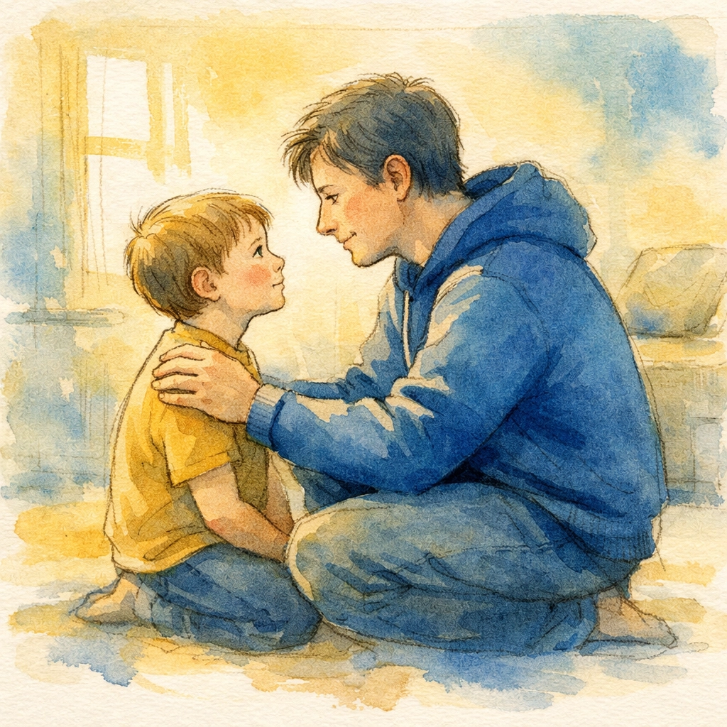 Parent kneeling at eye level with child in heart-centered parenting conversation