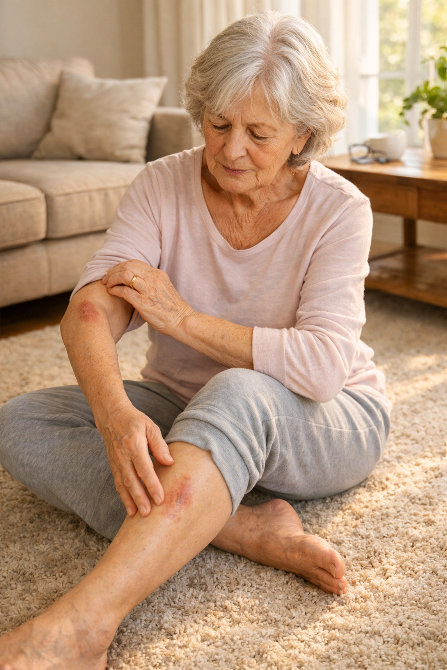 Senior woman checking for injuries after a fall while sitting on living room floor