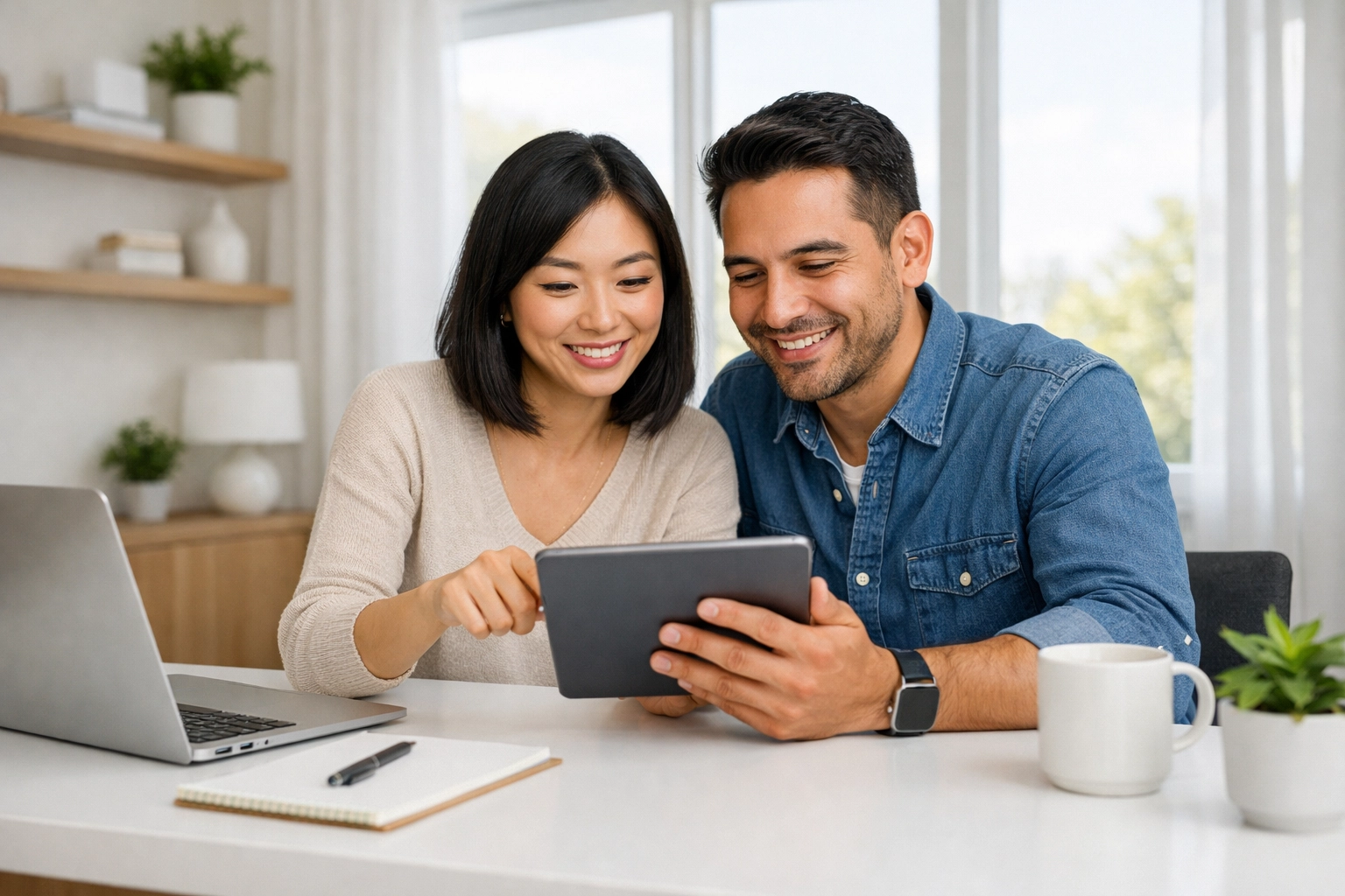 Diverse couple reviewing 2026 standard deduction and retirement contribution limits on a tablet.