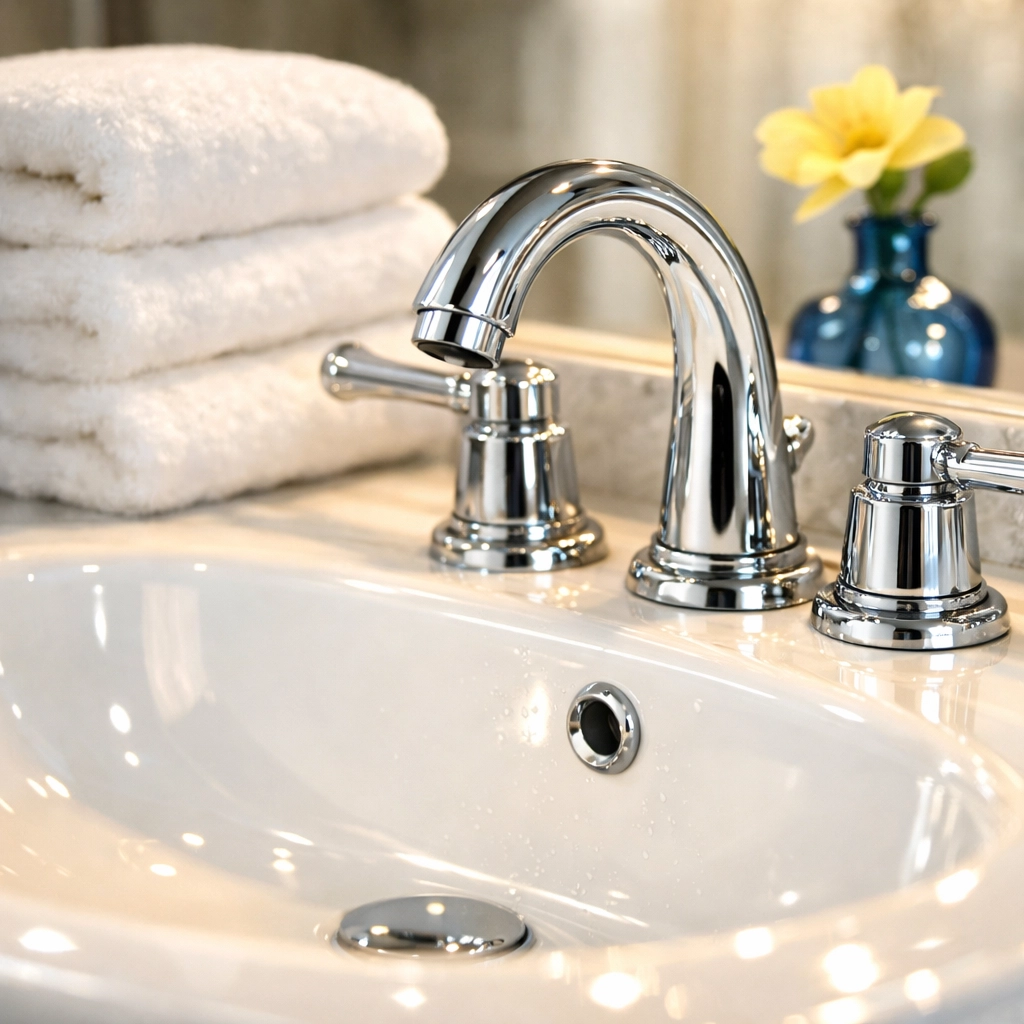 A sparkling clean bathroom vanity and sink detailed by professional cleaners Massachusetts in Mansfield.
