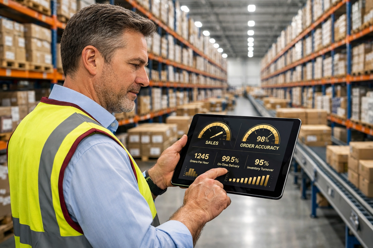 Warehouse manager reviewing a KPI dashboard in a modern ecommerce fulfillment center.