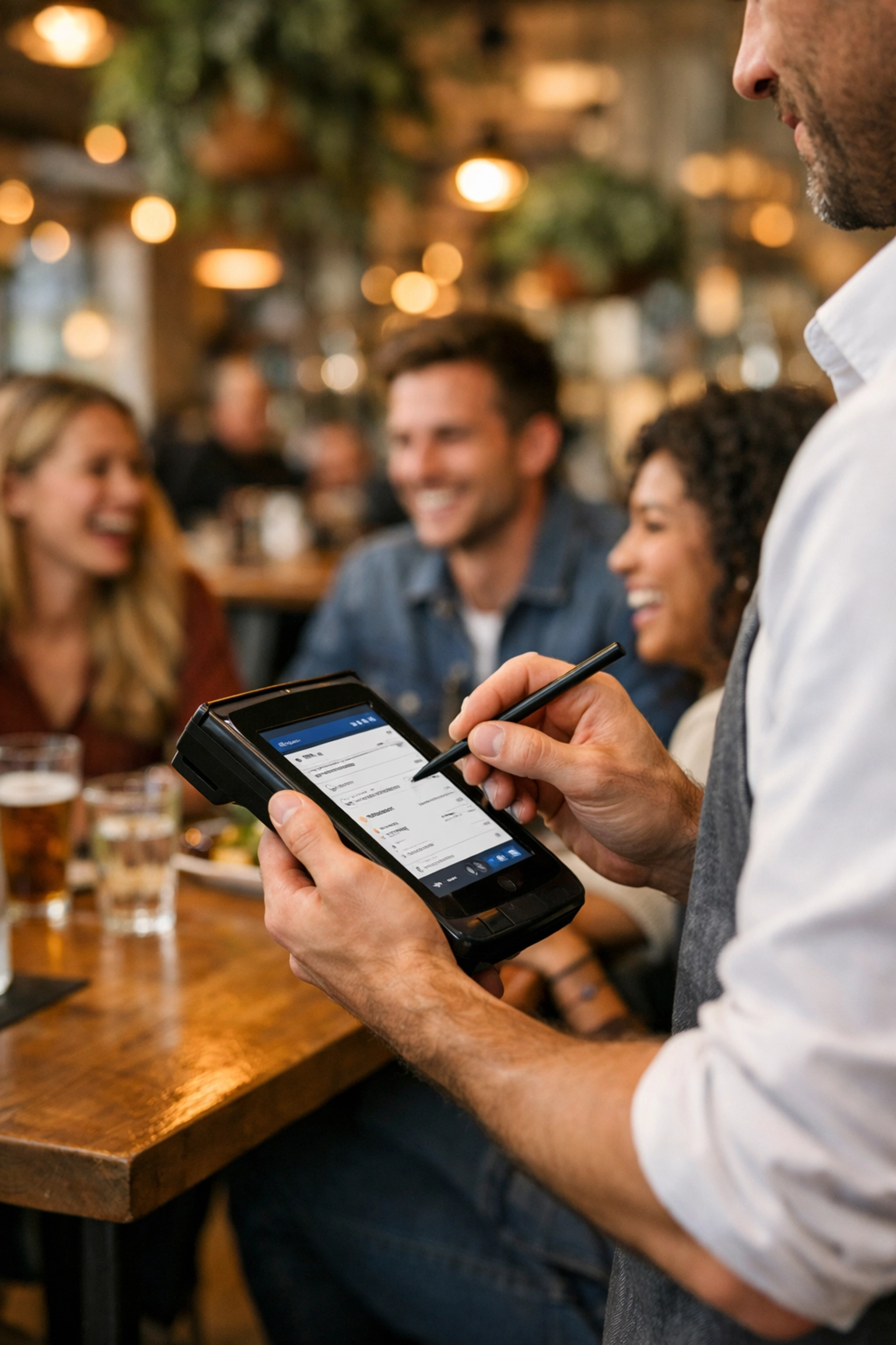 Waiter using a handheld restaurant pos system to efficiently take orders in a UK bistro.