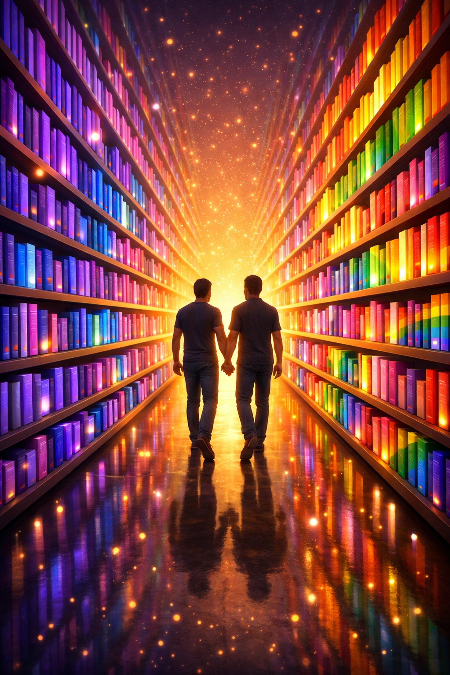 Gay couple browsing Read with Pride's curated LGBTQ+ digital library