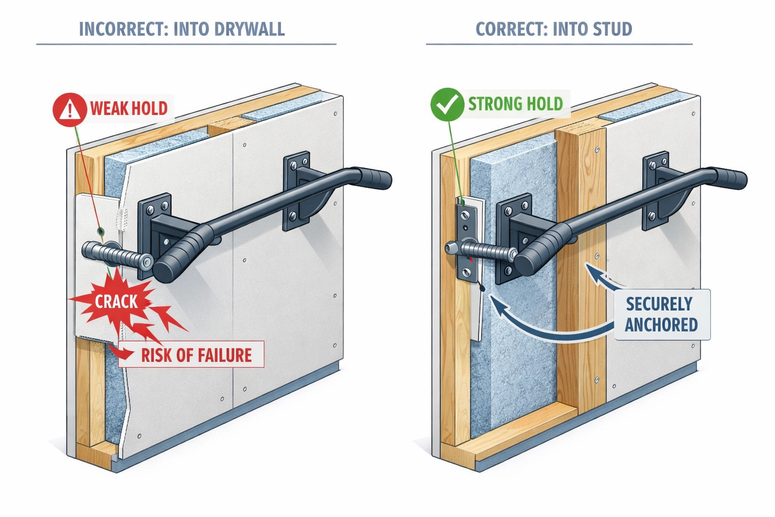 Wall cross-section showing proper pull-up bar installation into studs versus drywall