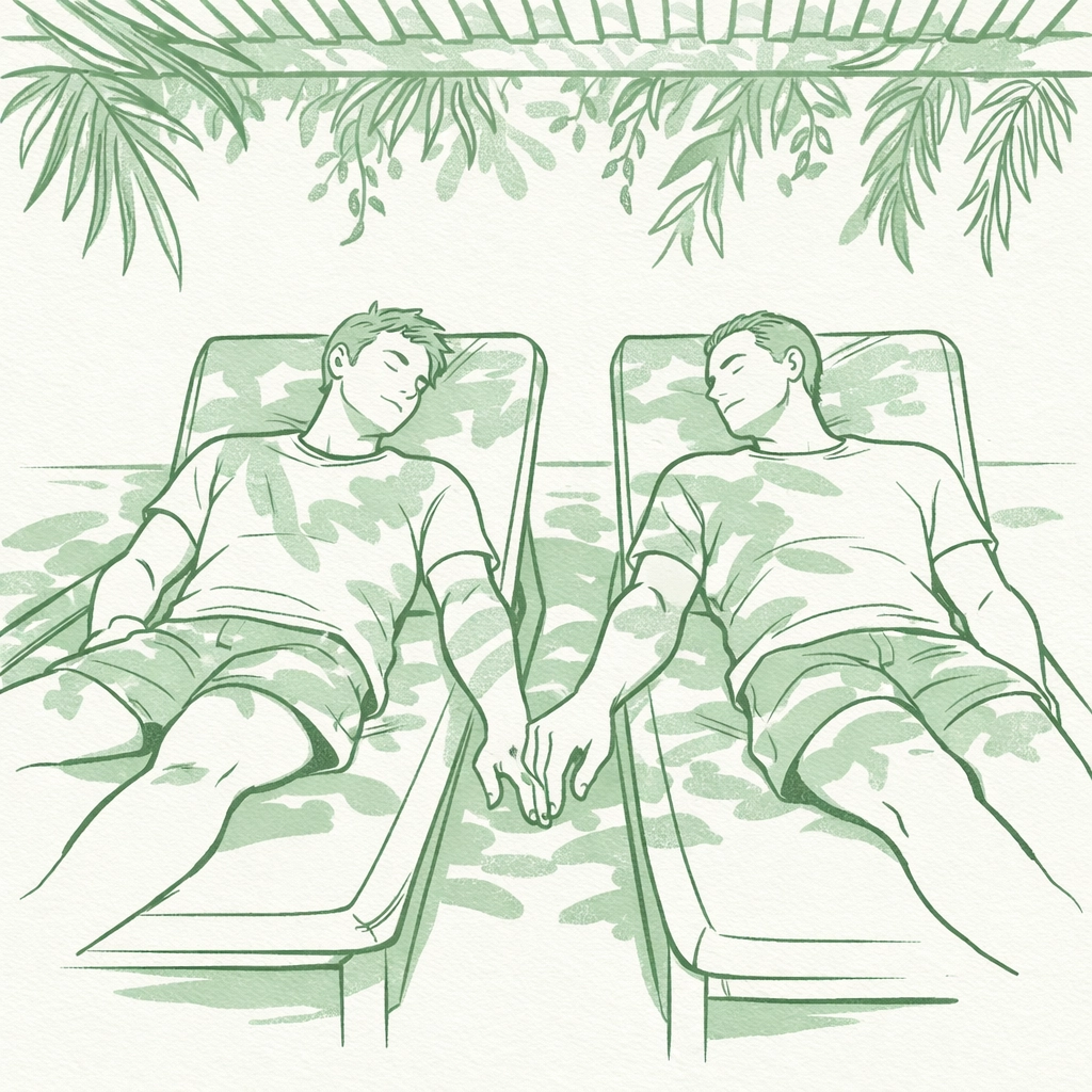 Men relaxing on lounge chairs at Island House gay resort in Key West