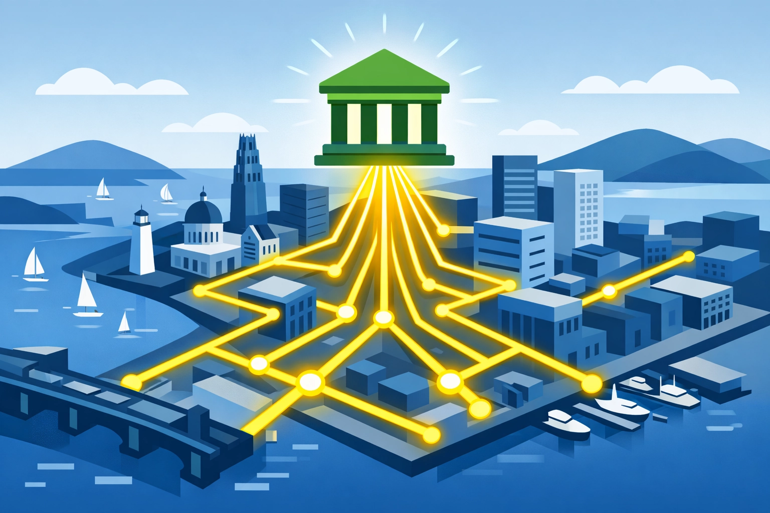 Modern New Haven skyline with digital paths representing fast tax preparation and secure refund deposits.