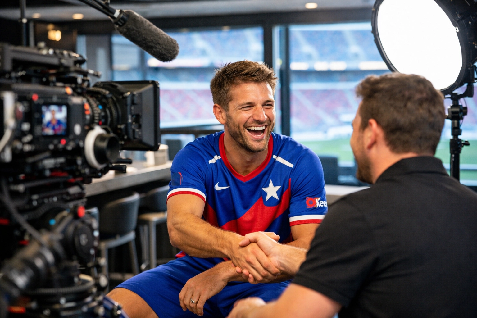 Professional athlete filming interactive brand content in a luxury stadium media lounge.