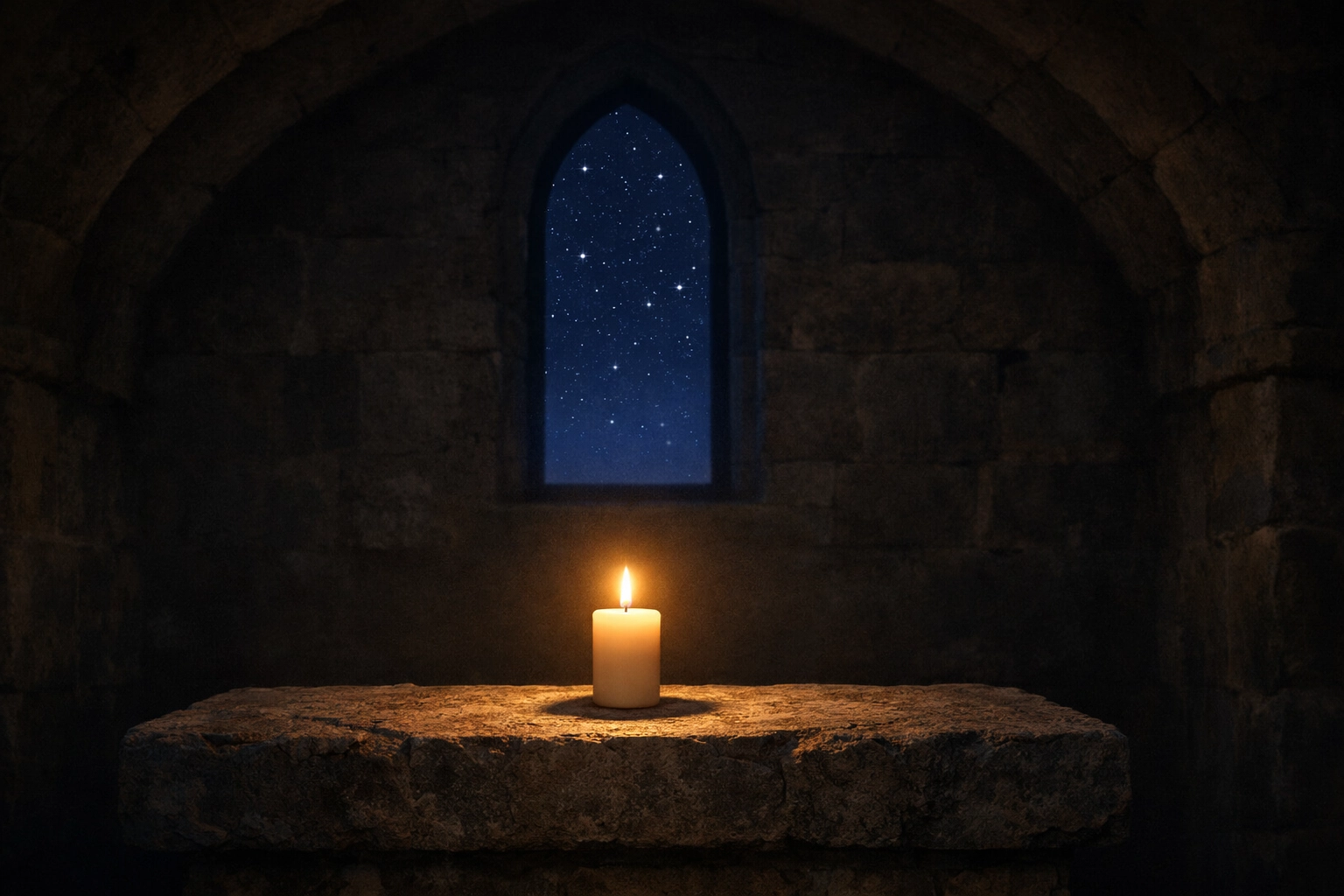 A candle glowing in a dark stone room, representing the light of the church in the Middle East.