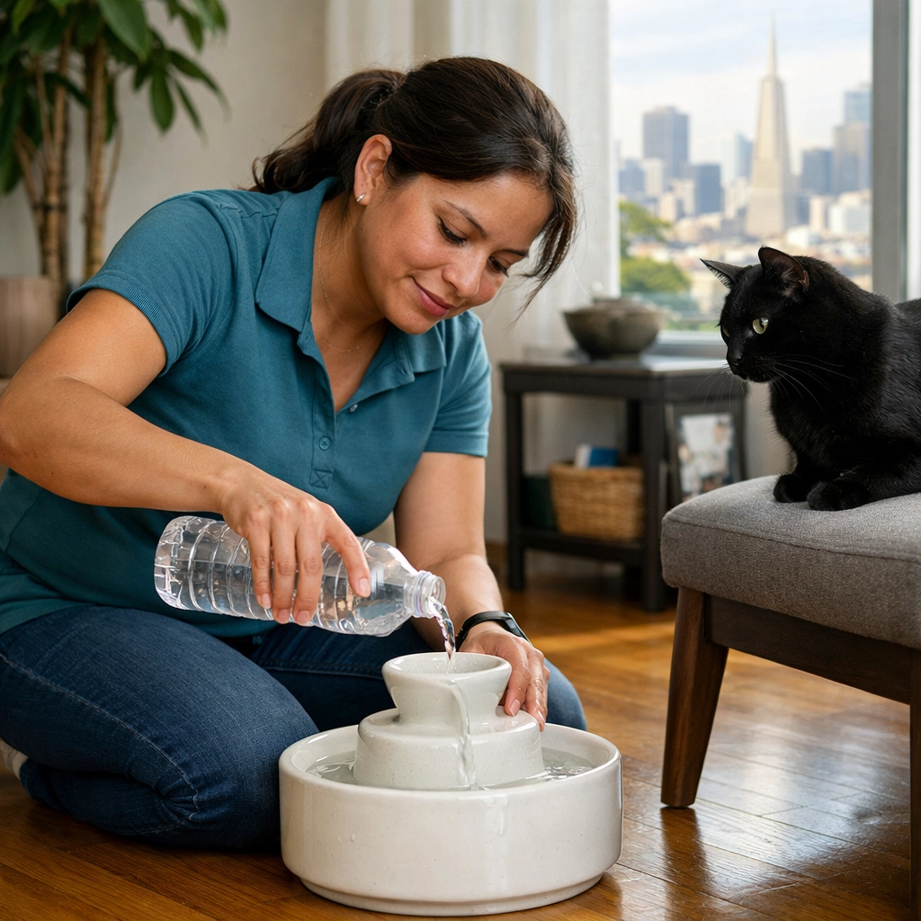 San Francisco cat sitting: A professional sitter ensures health and hydration for a black cat.