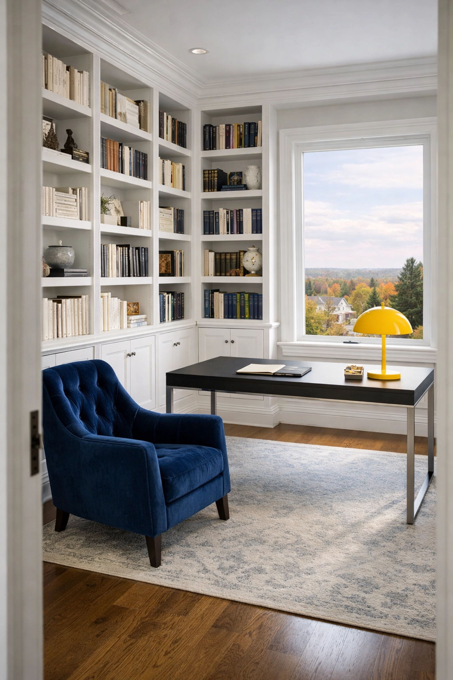 Organized home office in Lincoln featuring dust-free bookshelves and professional MetroWest house cleaning.