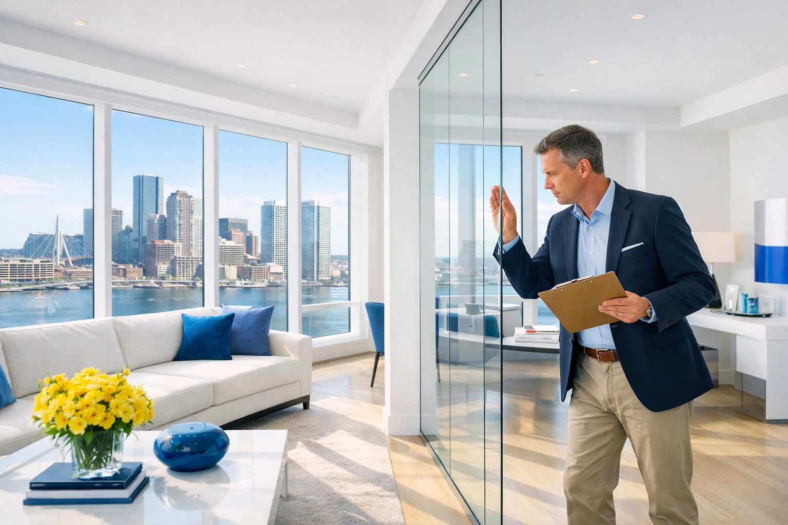 Contractor performing a final walkthrough after professional post construction cleaning in a Boston penthouse.