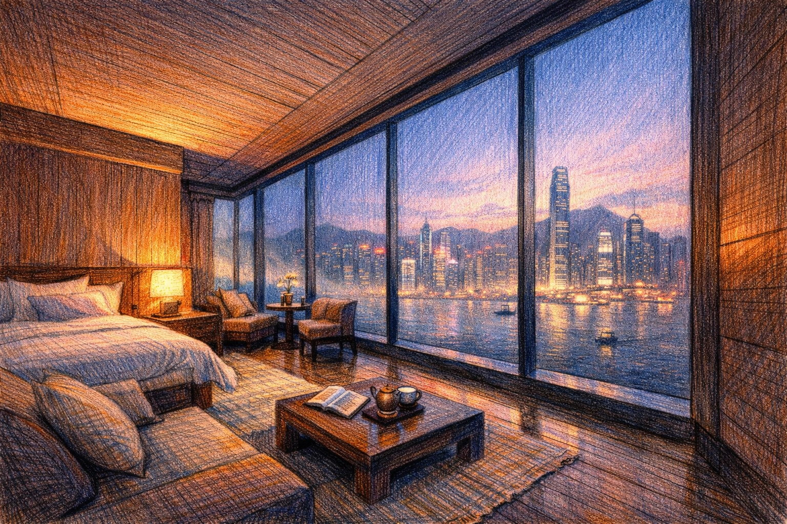 Minimalist luxury hotel suite with large windows overlooking the Hong Kong skyline at twilight.