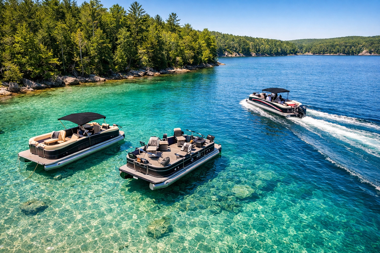 Three different types of pontoon boat rentals anchored in a clear blue lake cove during summer.