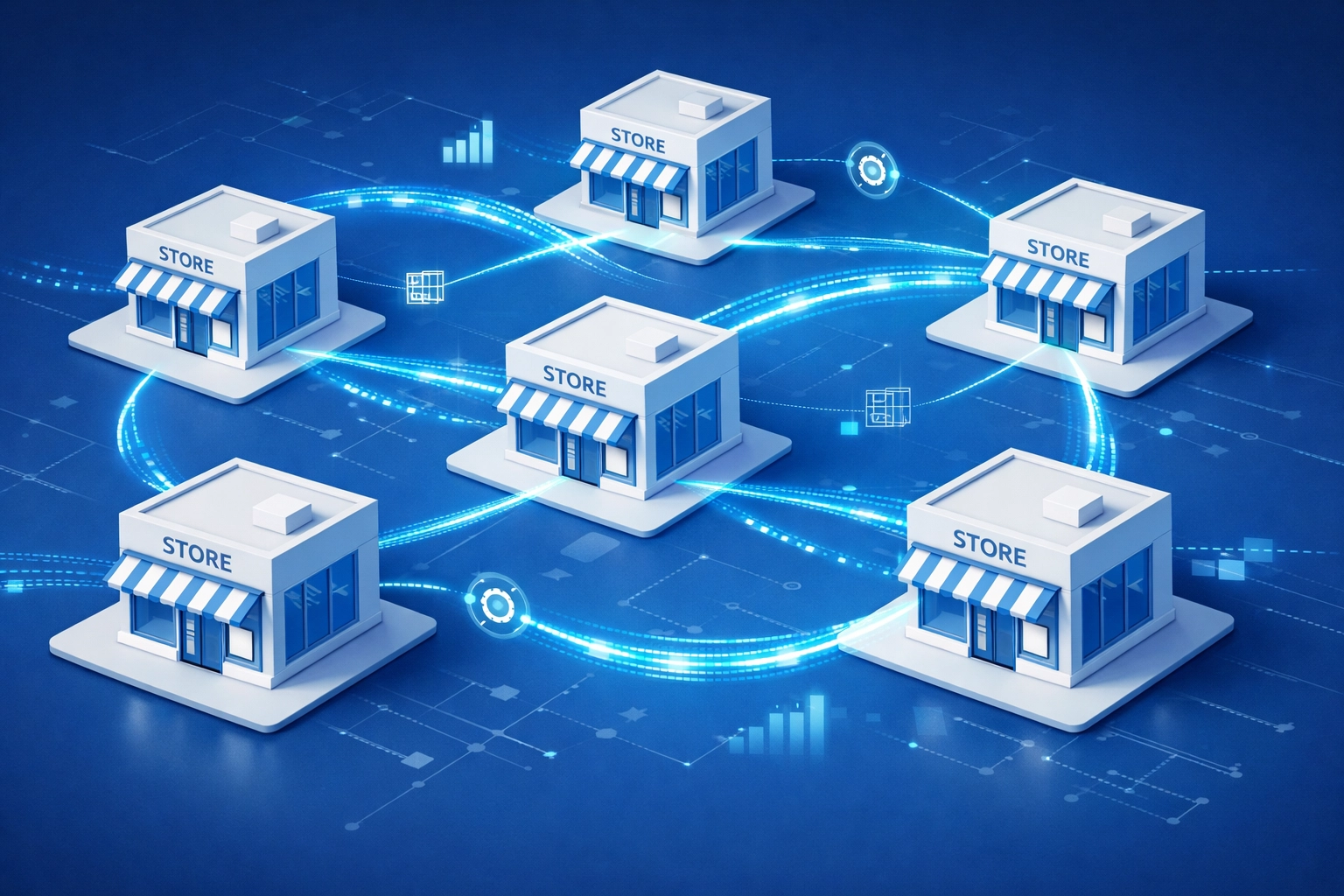 Multiple retail locations connected by digital network showing automated multi-location operations