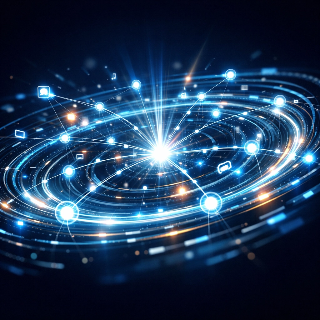 Digital media network visualization showing interconnected content distribution channels