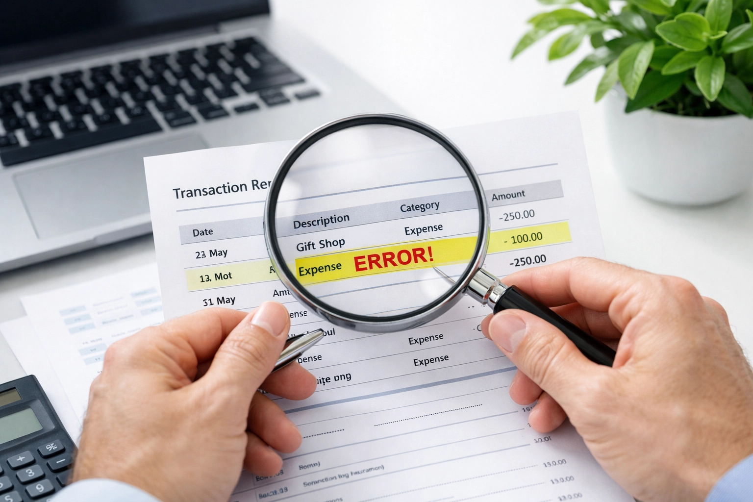 Accountant examining financial documents with magnifying glass to find miscategorized transactions
