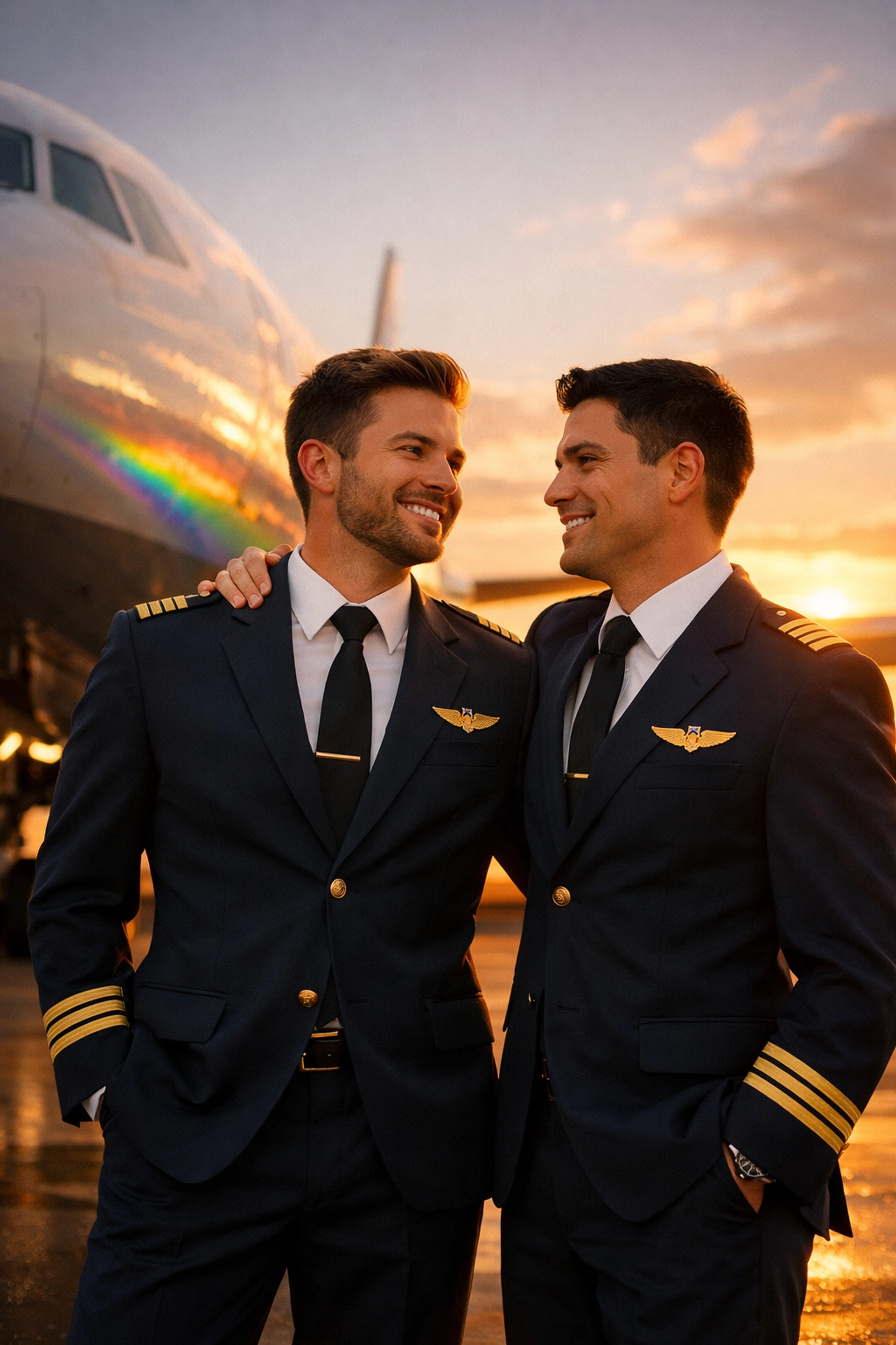 Two gay pilots in uniform standing together by commercial aircraft representing LGBTQ+ pride in aviation
