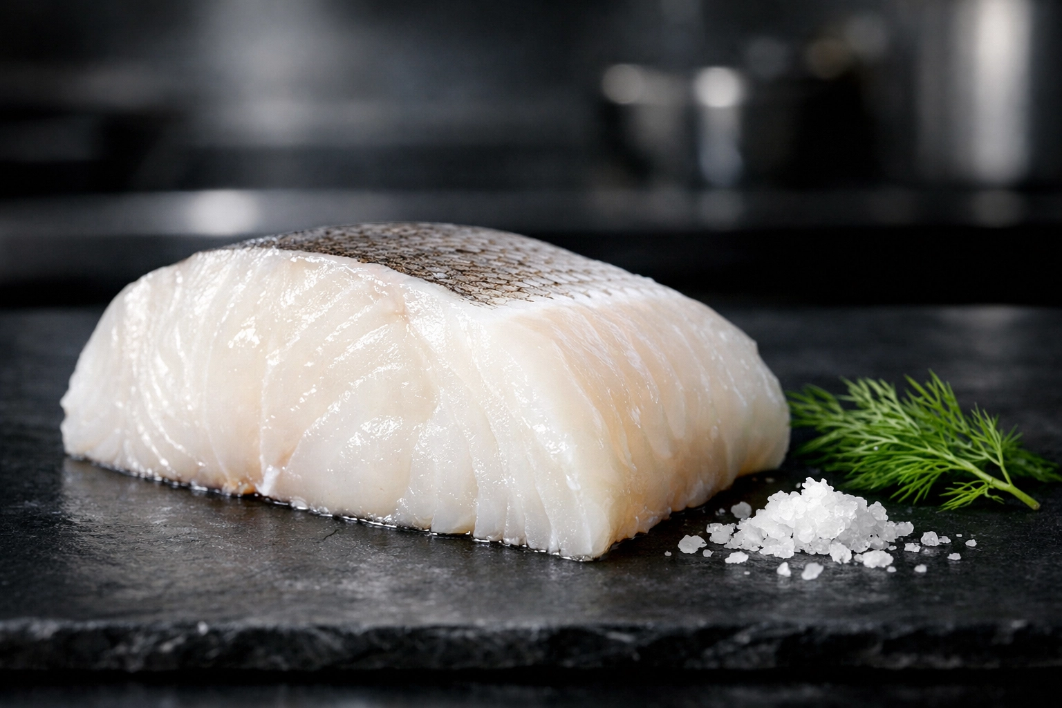 Premium raw Chilean Sea Bass fillet on a slate surface, showcasing high-quality seafood available online.