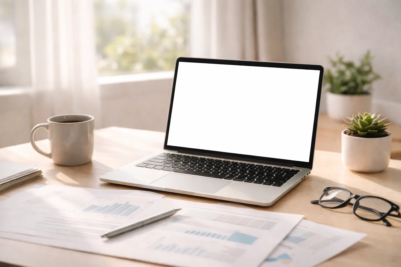 Modern home office desk with financial charts and paperwork, highlighting S Corp tax benefits for business owners