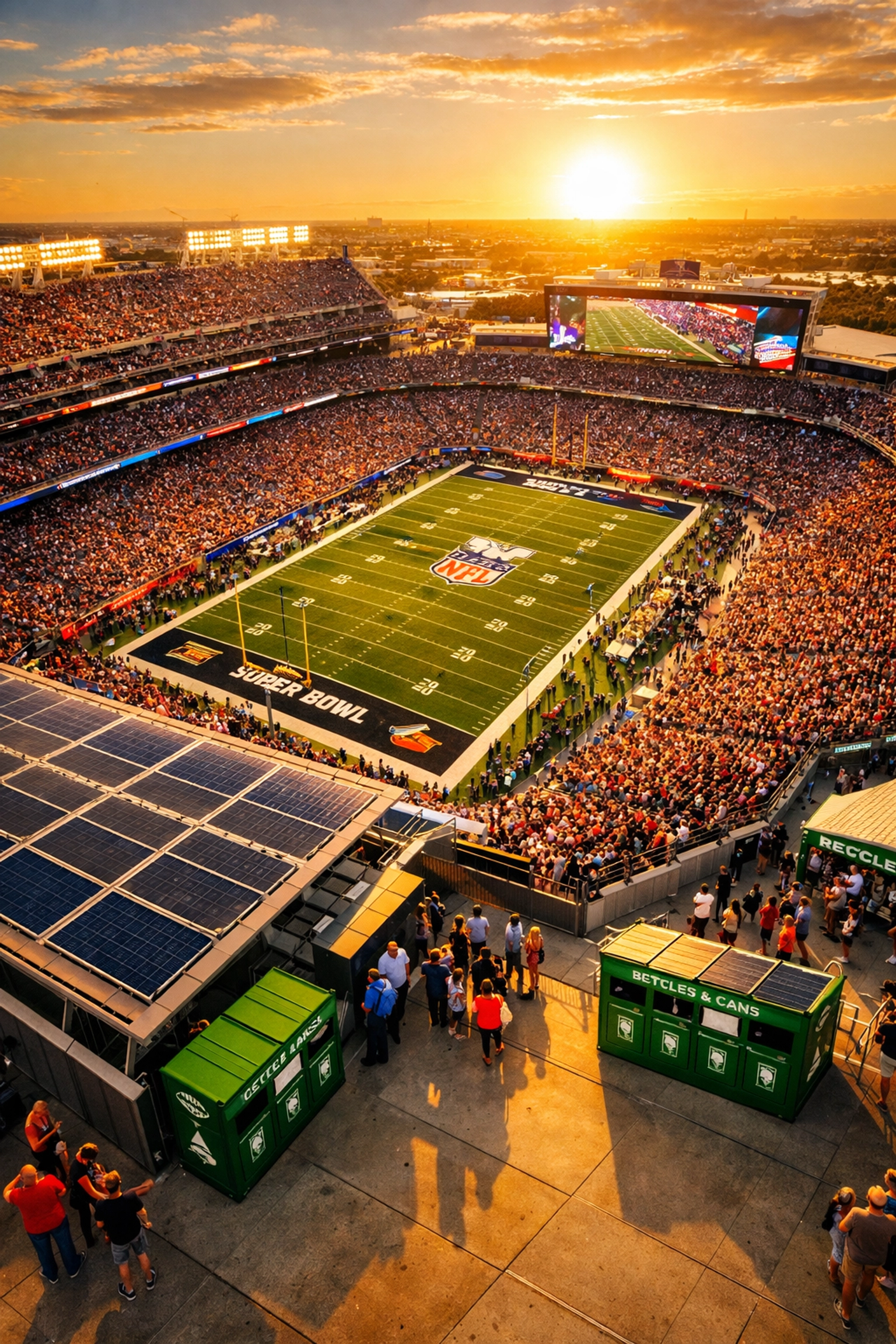 Super Bowl stadium with solar panels and recycling stations showing sustainability initiatives